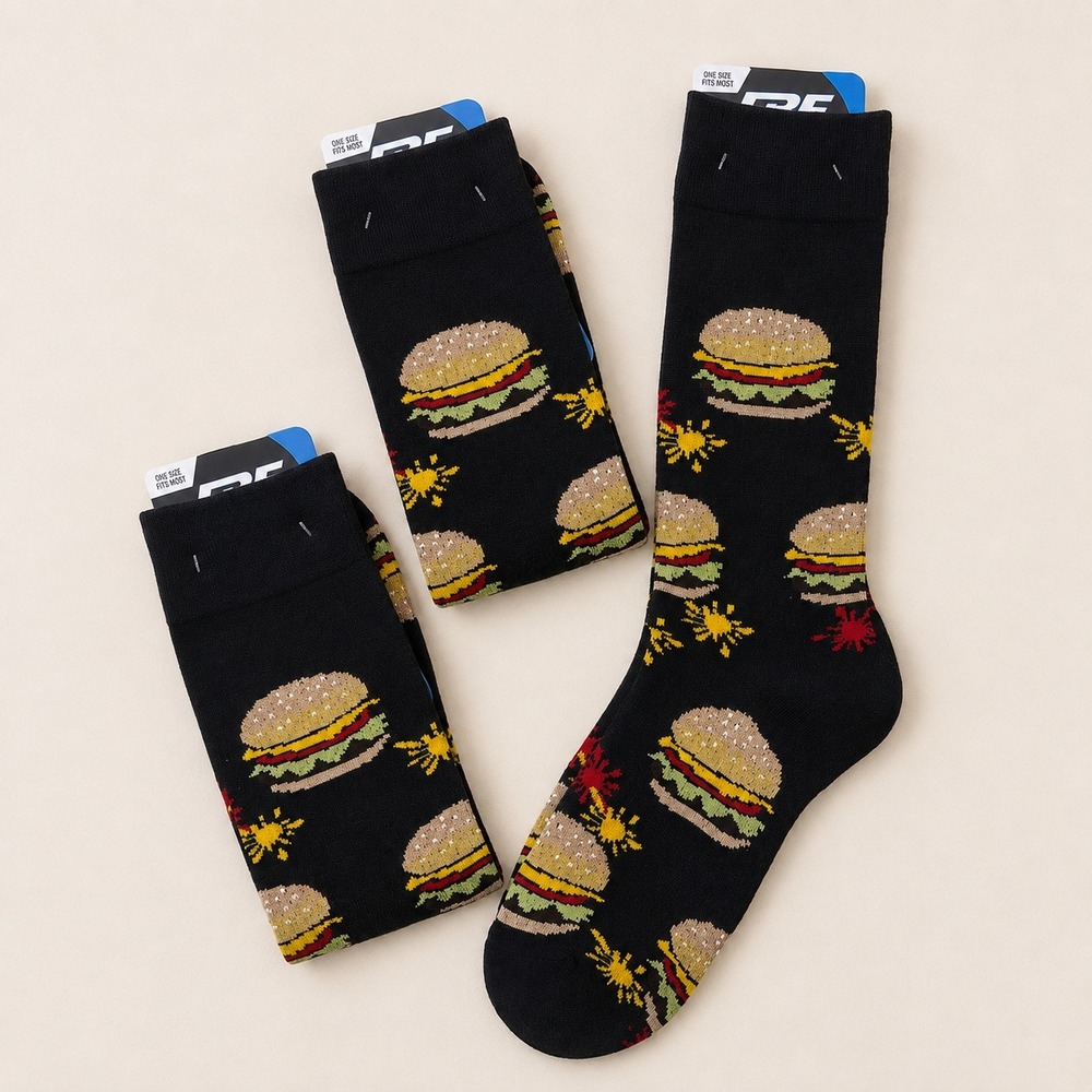 FBF Foodcore Cheeseburger Crew Socks Unisex OSFM 3 Pair Pack Novelty Kitsch Camp
